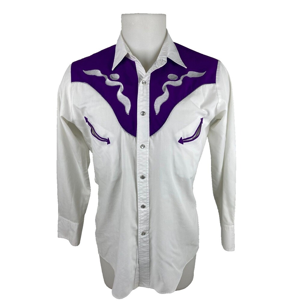 Ely Diamond Men Medium Pearl Snap Shirt Purple White Western Rockabilly Cowboy